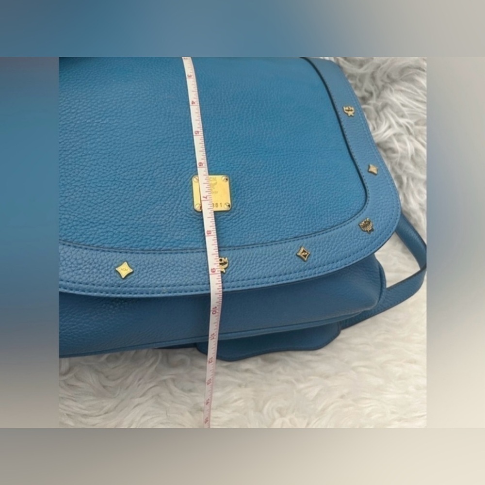 MCM Teal Blue Leather Studded Saddle Bag - Picture 3 of 15